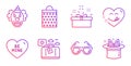 Travel luggage, Clown and Shopping bag icons set. Yummy smile, Sunglasses and Present box signs. Vector