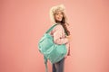 Travel and luggage concept. Useful bag. Winter vacation. Girl fashionable cutie carry bag. Hipster style. Modern