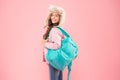 Travel and luggage concept. Useful bag. Winter vacation. Girl fashionable cutie carry bag. Hipster style. Modern