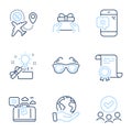 Travel luggage, Flight sale and Sunglasses icons set. Give present, Weather phone and Creative idea signs. Vector
