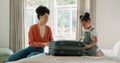 Travel, luggage and mom packing with child in bedroom getting ready for trip. Helping hands, black family and young girl Royalty Free Stock Photo