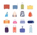 Travel luggage. Vacation suitcase, isolated backpack plastic tour baggage. Vintage flat briefcase bags, holiday business