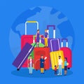 Travel luggage, vacation suitcases with tourists tiny people travelers flat vector illustration.