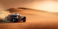 Travel, luxury hot rod cabriolet car on a sandy desert race. sunset trip on sand dunes, travel and summer holiday celebration. Royalty Free Stock Photo