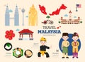 Travel Malaysia flat icons set. Malaysian element icon map and landmarks symbols and objects collection