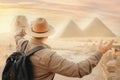 Travel man in hat background pyramid of Egyptian Giza and Sphinx, sunset Cairo, Egypt Royalty Free Stock Photo