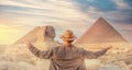 Travel man in hat background pyramid of Egyptian Giza and Sphinx, sunset Cairo, Egypt Royalty Free Stock Photo