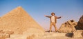 Travel man in hat stand background Egyptian pyramid sunset Giza Cairo, Egypt Royalty Free Stock Photo