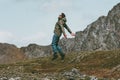 Travel Man jumping levitation outdoor in mountains Royalty Free Stock Photo