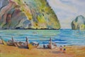 Travel Maya Bay landmarks in Thailand - Watercolor painting seascape Royalty Free Stock Photo