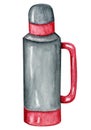 Travel metal thermos. Watercolor camping illustration