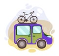 Travel minivan with bicycle on the top. Family summer travel concept. Country landscape around.