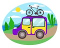 Travel minivan with bicycle on the top. Vector isolated illustration.