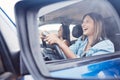 Travel, mirror and friends with women in car driving for road trip, vacation and transportation. Summer break, happy and