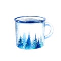 Travel mug and coniferous landscape.Tourism attributes.