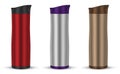 Travel mug set, realistic mockup. Metal thermos, mock-up. Portable insulated bottle, template