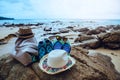 Travel nature summer holiday  background. sunglasses shoes hat Shoulder Bag.Travel relax Royalty Free Stock Photo