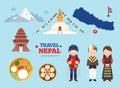 Travel Nepal flat icons set. Nepalese element icon map and landmarks symbols and objects collection. Vector Illustration