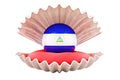 Travel in Nicaragua, concept. Pearl with Nicaraguan flag inside seashell, 3d rendering