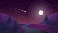 Travel night cartoon landscape. Fir, comet, star, moon, road ill