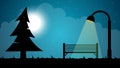 Travel night cartoon landscape. Fir, moon, shop, lantern illustration.