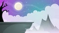 Travel night cartoon landscape. Tree, mountain, comet, star, moo