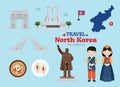 Travel North Korea flat icons set. North Korea element icon map and landmarks symbols and objects collection. Vector Illustration