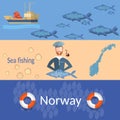 Travel Norway: sailors, ships, ocean, sea, fish, banners