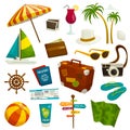 Travel object set on white, cartoon vector illustration