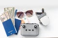 Travel objects and accessories on white, Hi tech gadgets for vacation travel Vlogger and blogger Photography and video Royalty Free Stock Photo