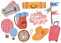 Travel Objects Collection, Airplane Tickets, Backpack, Compass, Hot Air Balloon, Hat, Signpost, Time to travel, Summer