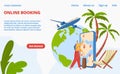 Travel online booking ticket tour world passenger plane landing internet page, website template banner flat vector Royalty Free Stock Photo