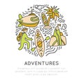 Travel outdoor adventure hand draw icon concept. Sketched icons about travelling, kayaking, hikking and tropical beach