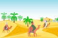 Travel outdoor hot desert people character riding camel, arabian travel hot vacation, oriental landscape flat vector