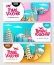 Travel package vector banner set. Travel voucher text with price discount in tourist destination background for travelling promo.