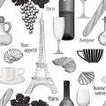 Travel Paris seamless pattern. Famous french food background. Cu