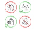 Travel passport, Bitcoin think and Sea mountains icons set. Hot loan sign. Vector