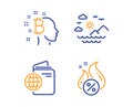 Travel passport, Bitcoin think and Sea mountains icons set. Hot loan sign. Vector