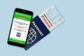 Travel passport, boarding pass and proof of COVID-19 vaccination and test