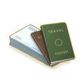 Travel passport, green and brown passport books with pocket money for foreign traveler isometric cartoon icon
