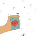 Cute Coffee Cup Illustration in Hand with Heart Label Coffee Lover Vector Background Royalty Free Stock Photo