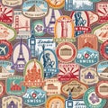 Travel pattern. Immigration stamps stickers with historical cultural objects Royalty Free Stock Photo