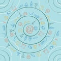 Travel pattern in the style of brush strokes. Thin lines. Spiral. Set of vacation icons, beach, yacht, gammak, suitcases, tower,