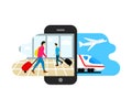 Travel, people with suitcases go to the airport and railway station with train and airplane, vector illustration and design