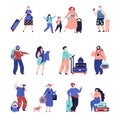 Travel people. Travellers couple, seniors tourist with suitcase. Single vacation character, airport decent female male