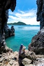 Travel people women tourist in a cave near the sea in Keo Sichang, holiday tourist, Thailand. Royalty Free Stock Photo