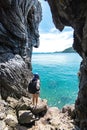 Travel people women tourist in a cave near the sea in Keo Sichang, Royalty Free Stock Photo