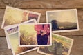 Travel photo album on wood table