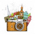 Travel photo background with retro camera