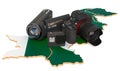 Travel and photo, video shooting in Pakistan. Digital camera, camcorder and action camera on Pakistani map. 3D rendering